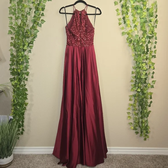 B. Darlin Women's Red Satin Sequin Halter Top Side Slit Maxi Dress Gown Sz 3/4 - Picture 2 of 16